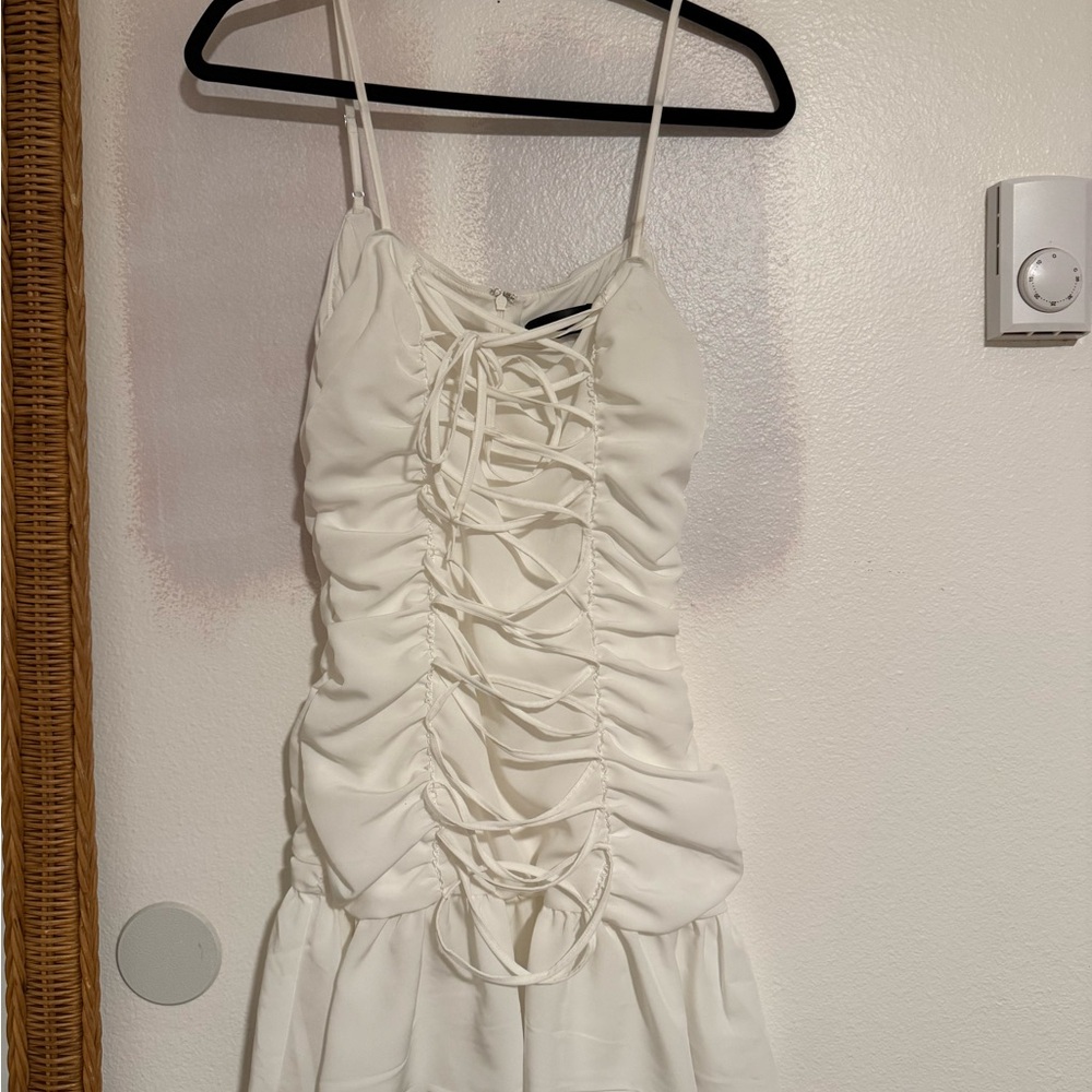 White Fox Ruched Spaghetti Strap Dress